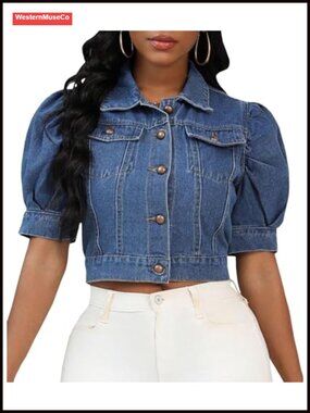 Cropped Denim Jacket Puff Short Sleeve Button Down Jean Coat